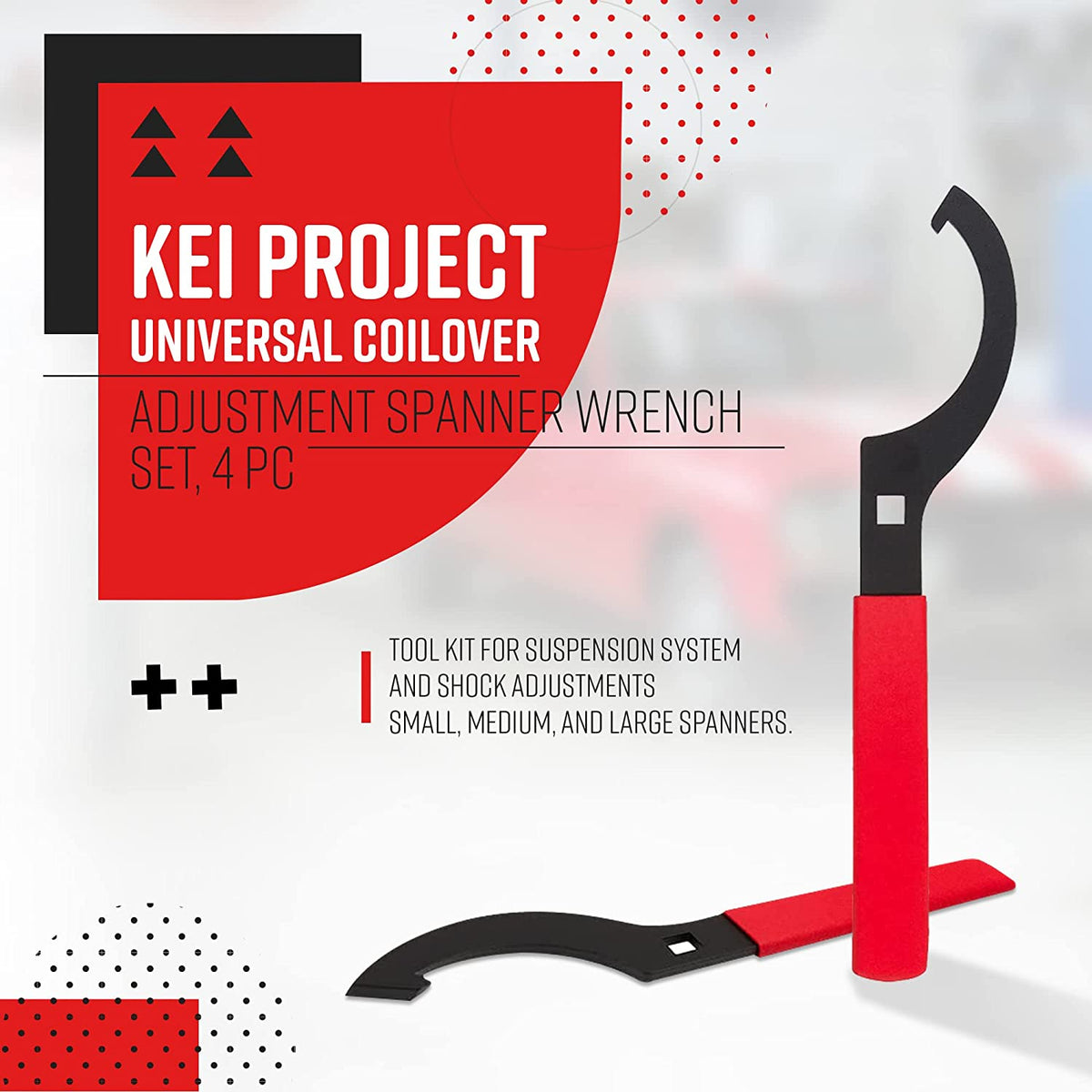 Kei Project Universal Coilover Adjustment Spanner Wrench Set, 4 Pc. Tool Kit for Suspension System and Shock Adjustments, Small, Medium, and Large Spanners